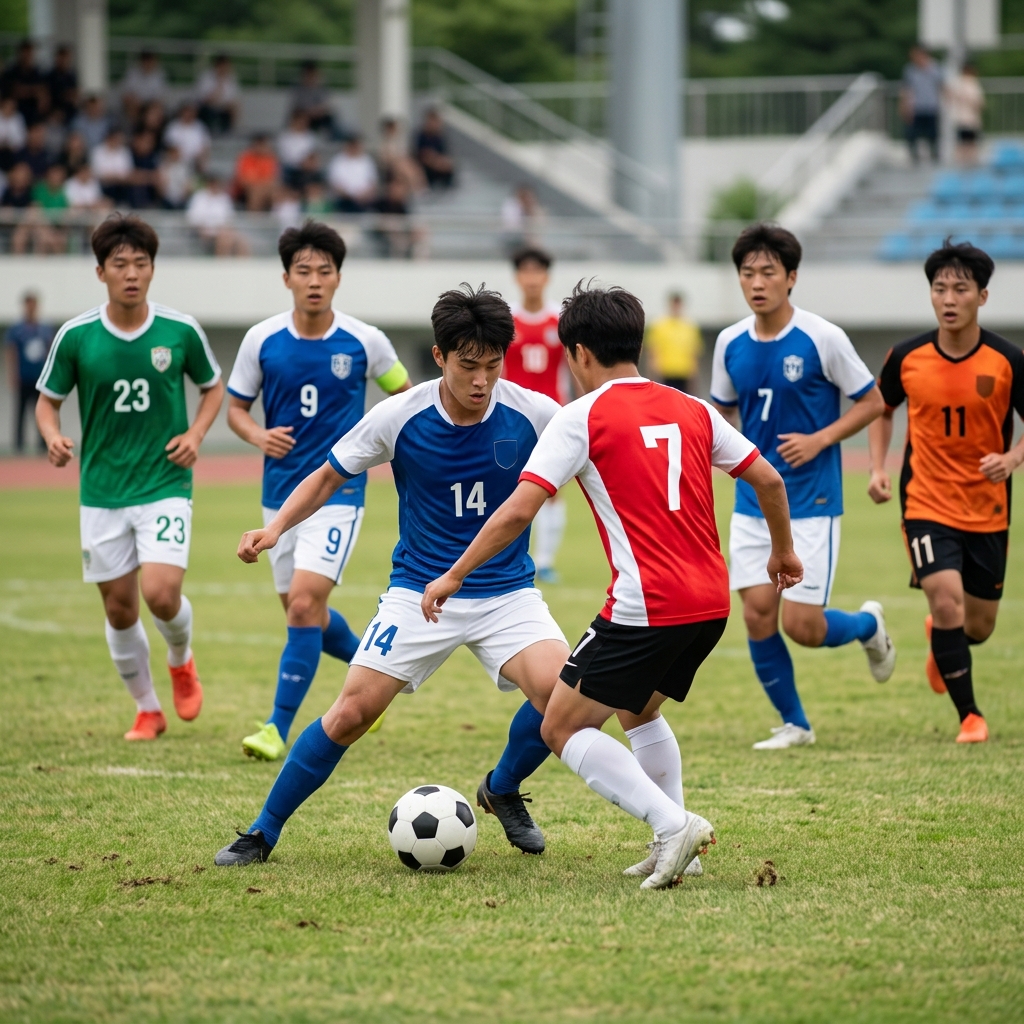 축구장에서 다양한 등번호가 새겨진 유니폼을 입은 선수들이 경기하는 현실적인 장면