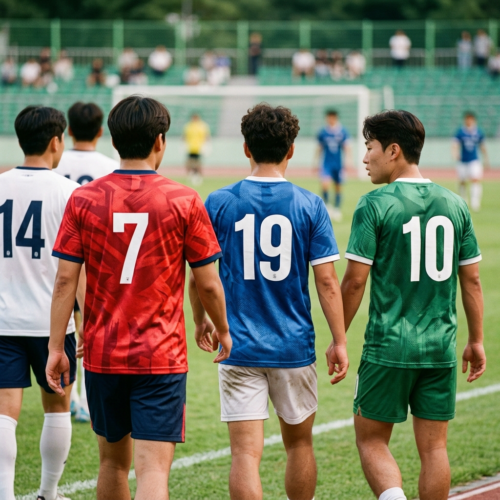 축구 유니폼 뒷면에 새겨진 다양한 등번호들을 클로즈업한 현실적인 장면