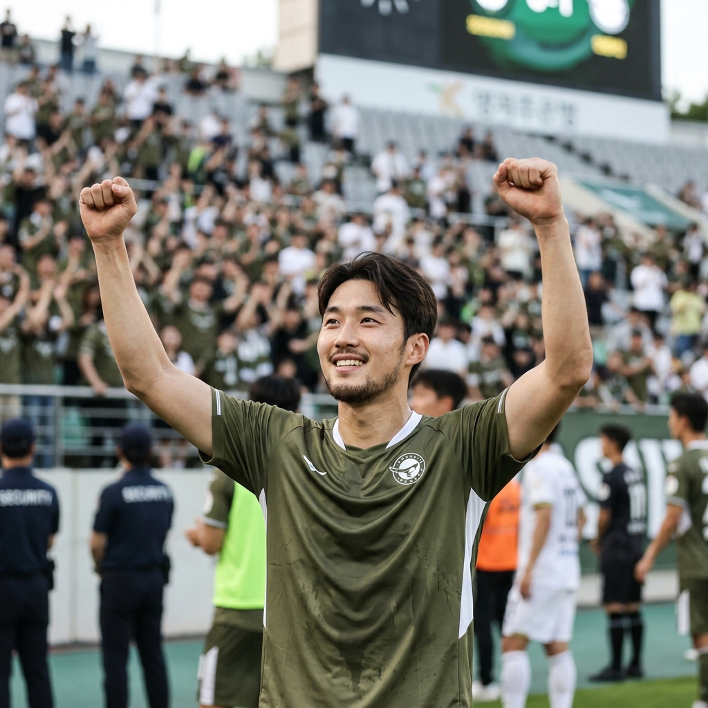 축구 경기장에서 환호하는 선수의 모습