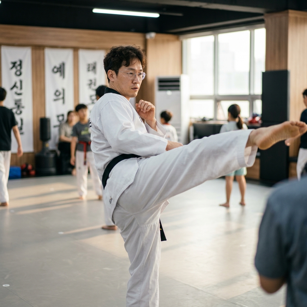 태권도 도복을 입은 선수가 도장에서 발차기 동작을 연습하는 모습