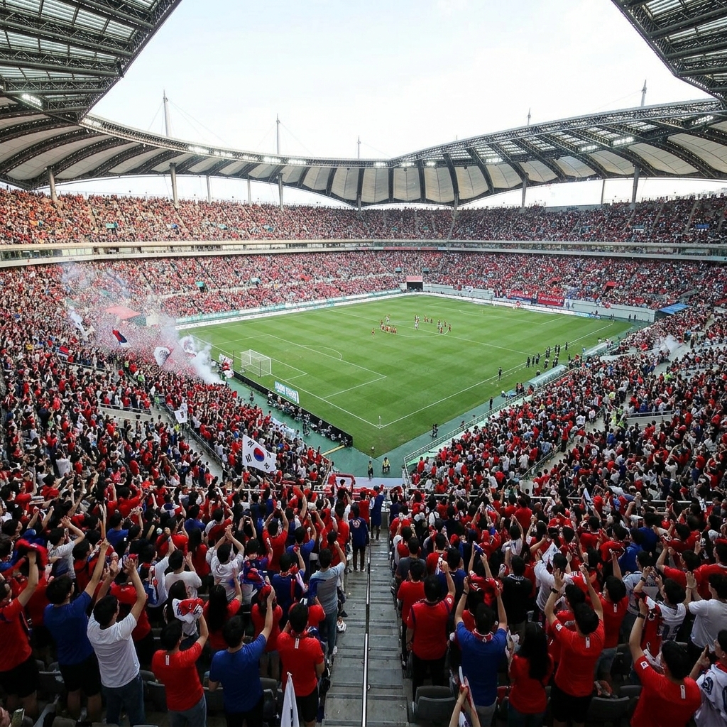 열광하는 축구팬들로 가득 찬 대형 스타디움 전경