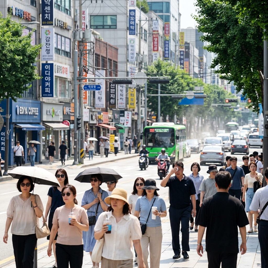 뜨거운 여름 햇볕이 내리쬐는 도심 풍경