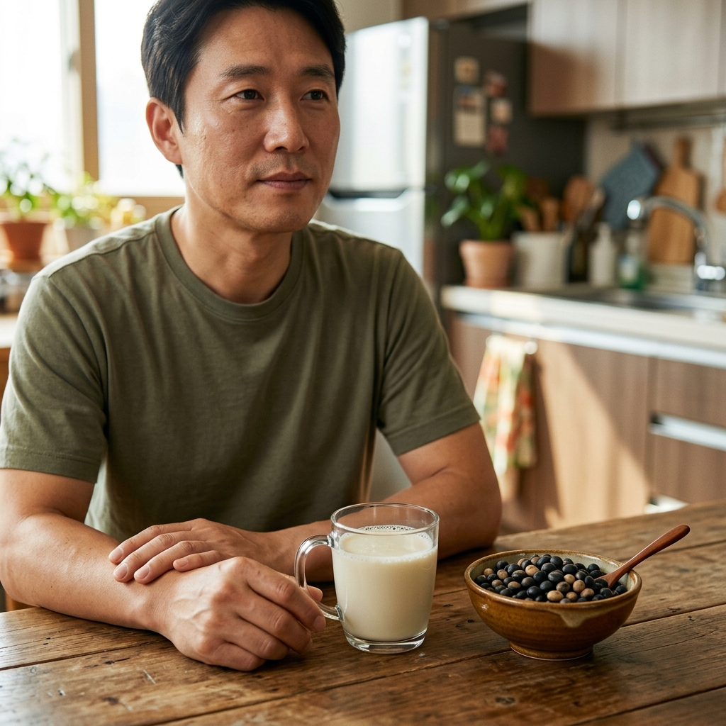 무가당 두유 한 잔과 고소한 검은콩이 담긴 작은 그릇