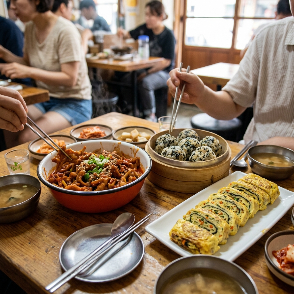 닭발과 함께 곁들여진 주먹밥과 계란말이가 한 상에 놓인 장면