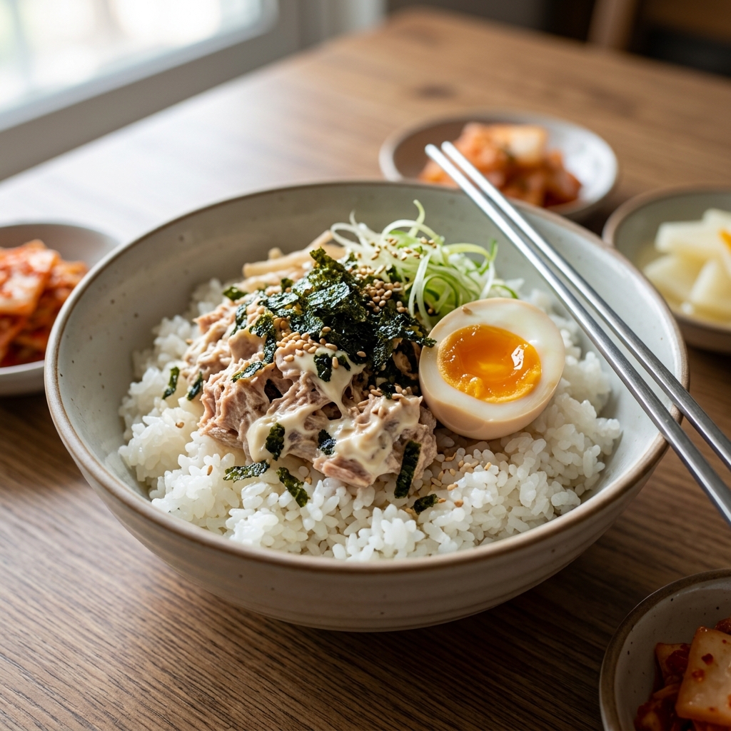 따뜻한 밥 위에 참치마요와 김가루가 올려진 덮밥 그릇