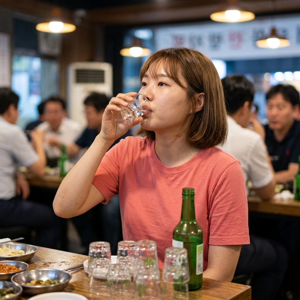 연속으로 술잔을 비우는 급속 음주 장면