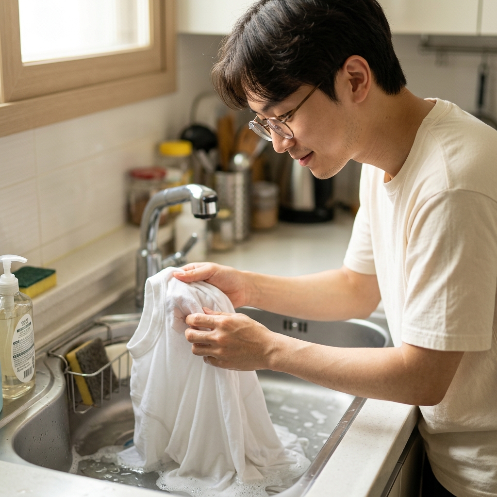 흰 면 티셔츠를 손으로 살살 문지르며 세탁하는 중년 여성의 손, 주방 씽크대 앞