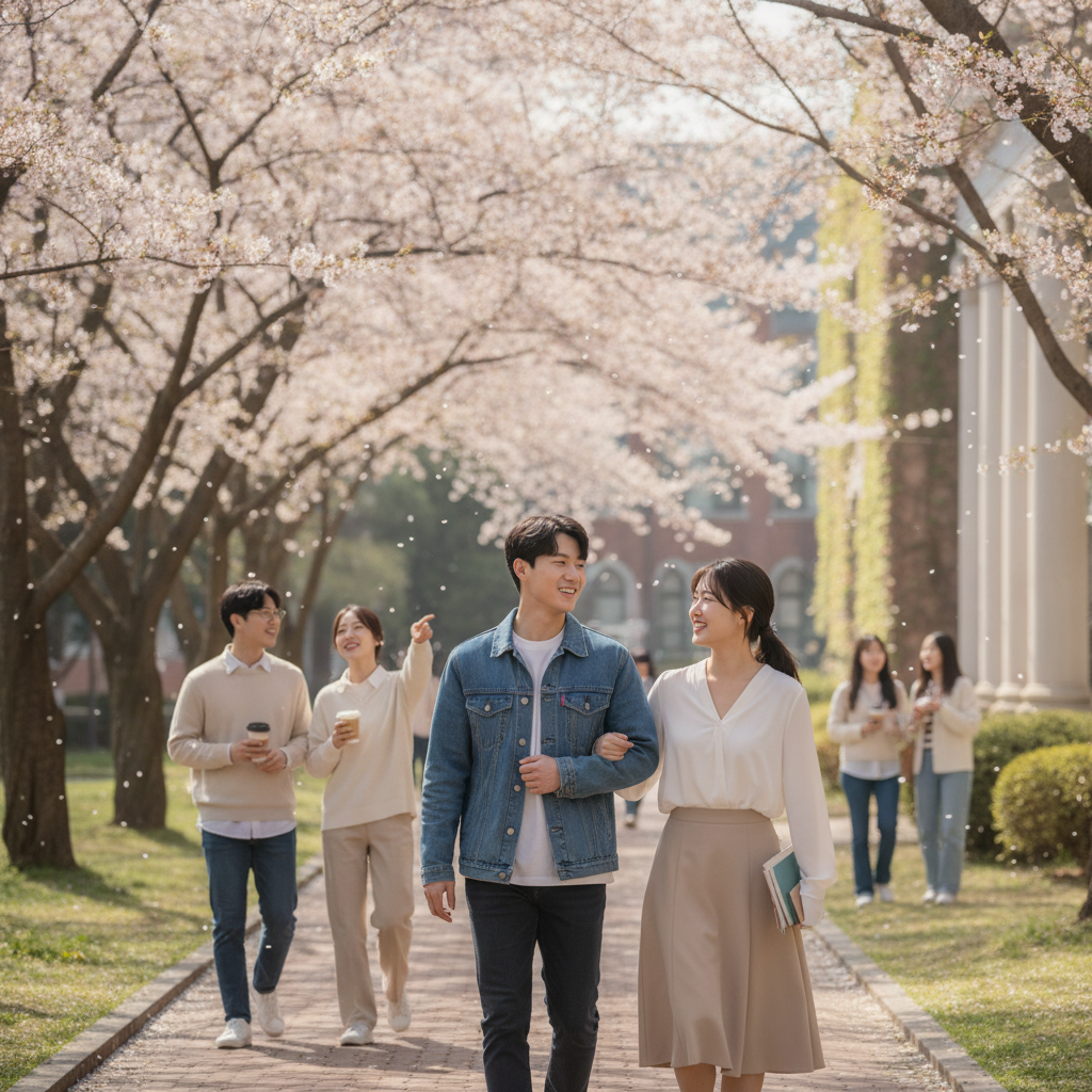 봄날 캠퍼스를 걷는 사람들