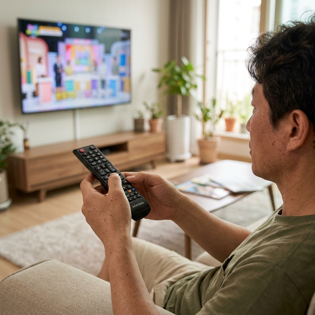 거실 소파에 앉아 TV 리모컨을 들고 예능 프로그램 채널을 돌리는 사람의 손