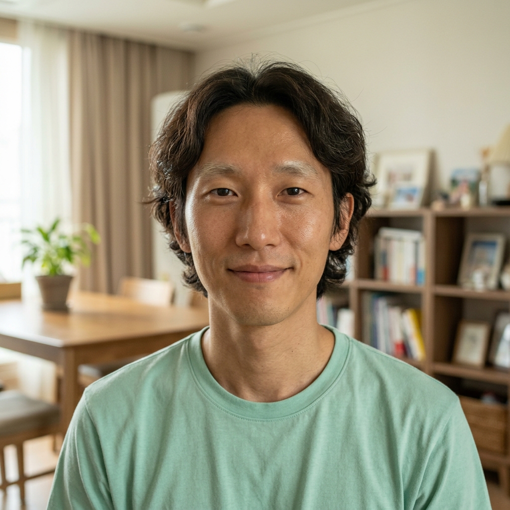 얼굴의 비율과 배치를 자연스럽게 보여주는 정면 구도