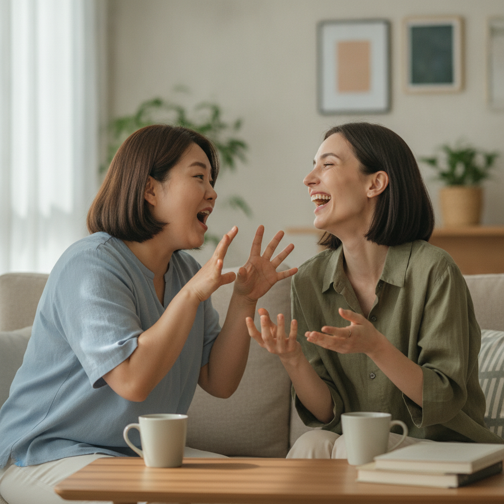 상대의 몸짓과 표정을 따라 하며 웃고 있는 장면