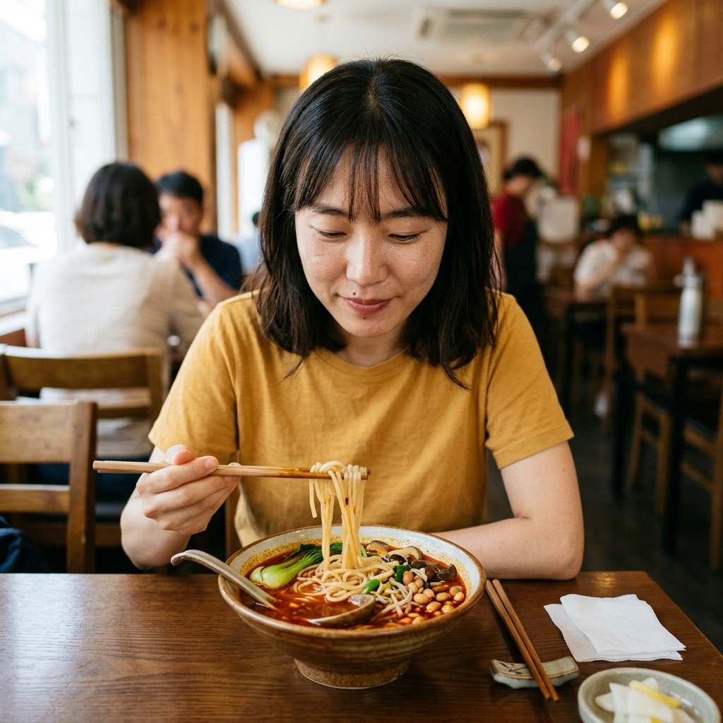 중국식 식당 내부 테이블 위에 놓인 투도우펀 한 그릇, 그릇 옆에 젓가락과 냅킨이 보이는 자연스러운 식사 장면