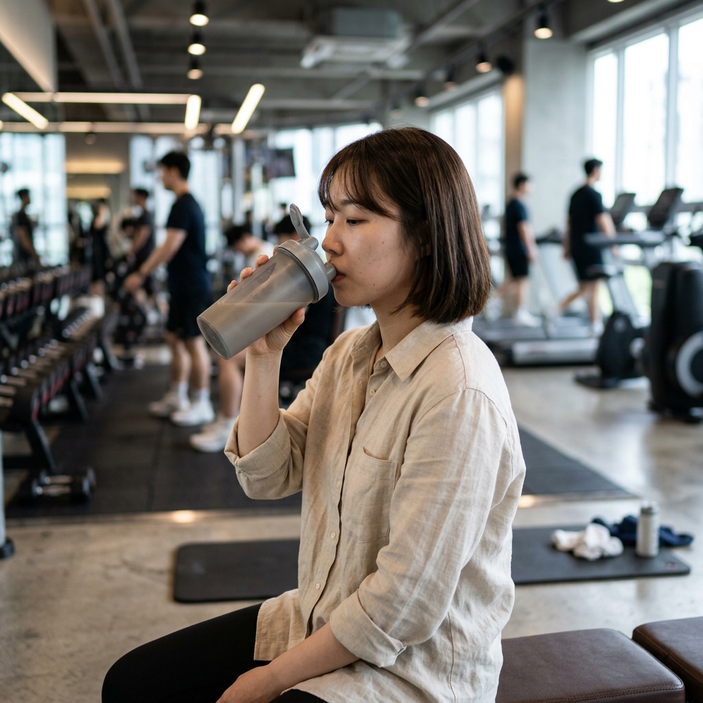 헬스장 벤치에 앉아 프로틴 음료를 마시는 한국인 20대 여성
