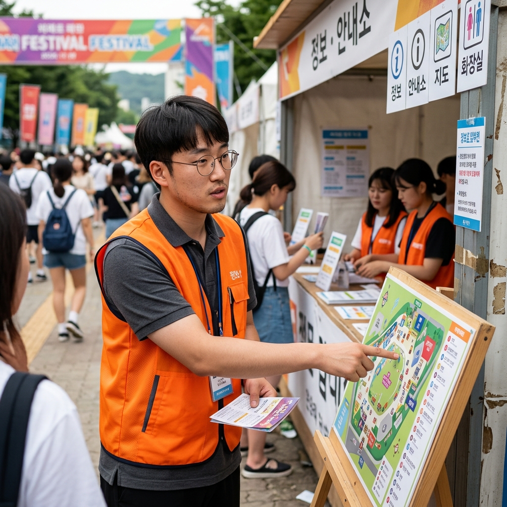 축제 현장에서 방문객을 안내하는 스태프의 모습