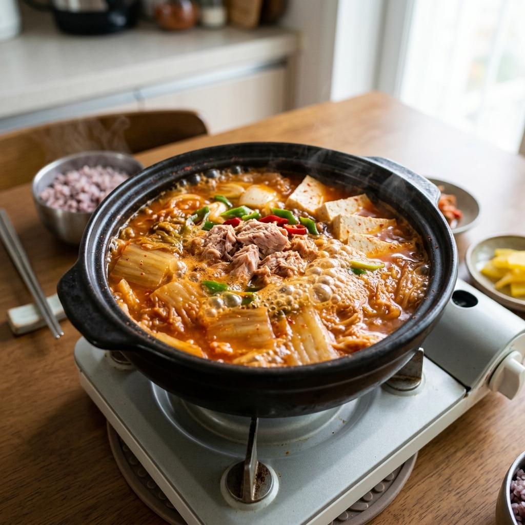 참치 통조림이 들어간 김치찌개가 보글보글 끓는 장면