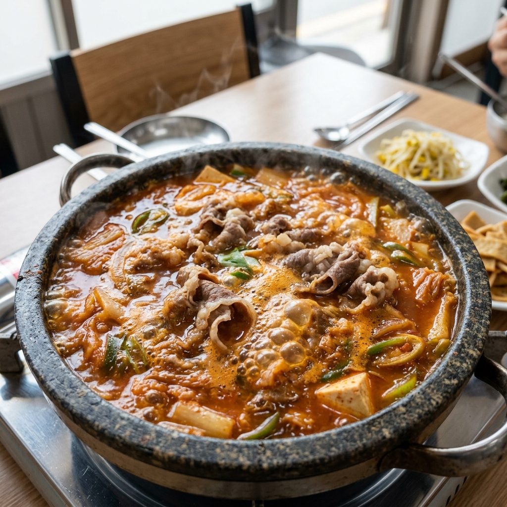 차돌박이가 들어간 김치찌개 국물이 진하게 끓는 모습