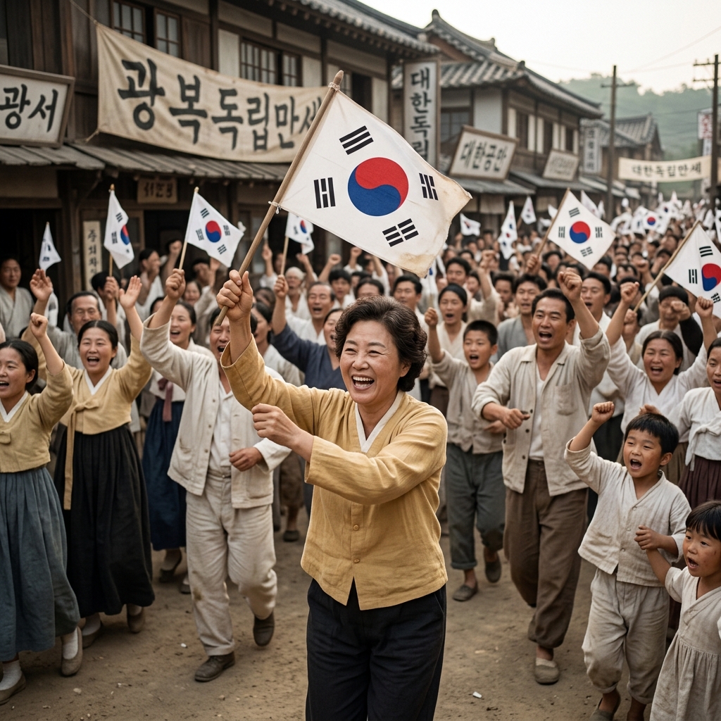 1945년 광복 당시 거리에서 태극기를 흔들며 환호하는 사람들의 모습