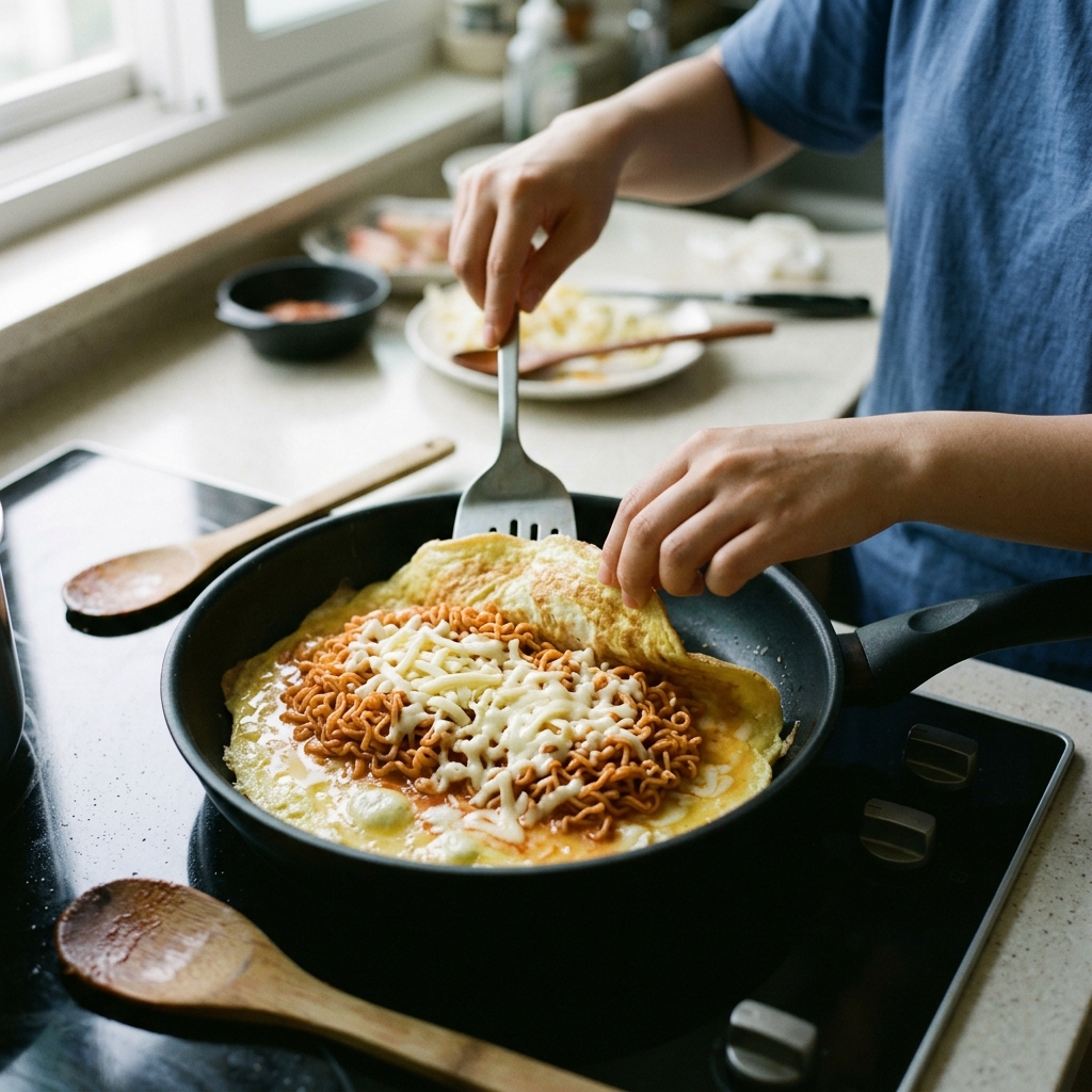 팬에서 계란물 위에 불닭면과 치즈를 올리고 접는 과정