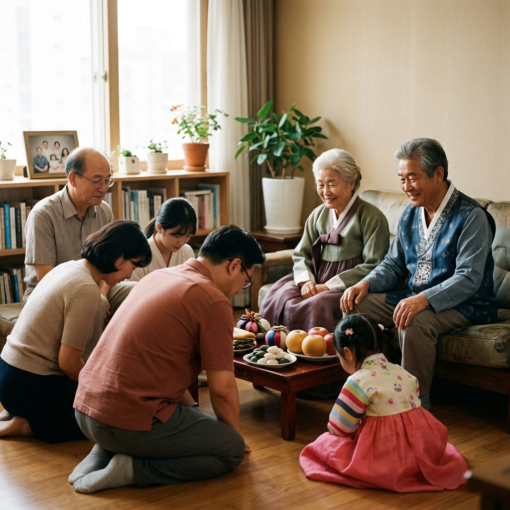 명절 가족 모임에서 어른들께 인사드리는 한국인 가족의 따뜻한 장면