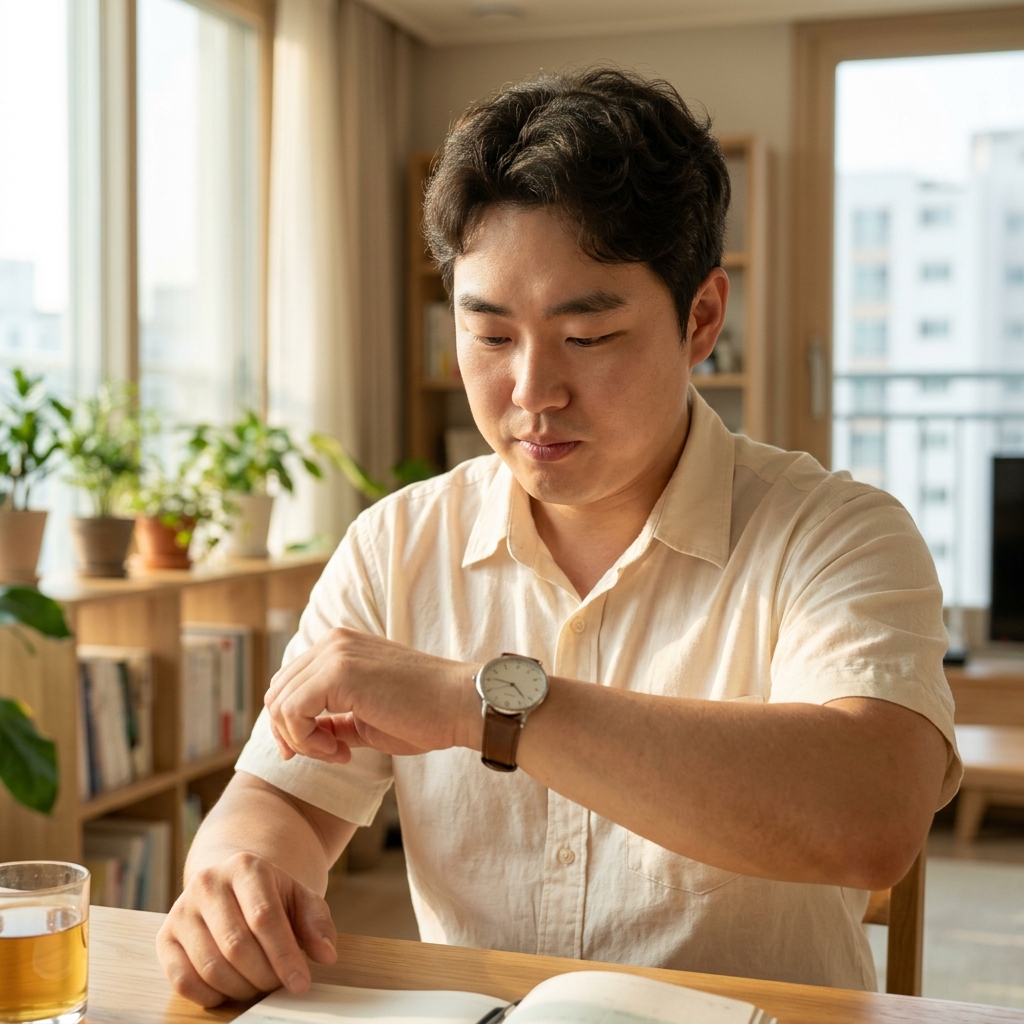 시계를 보며 시간의 흐름을 생각하는 중년 성인의 모습