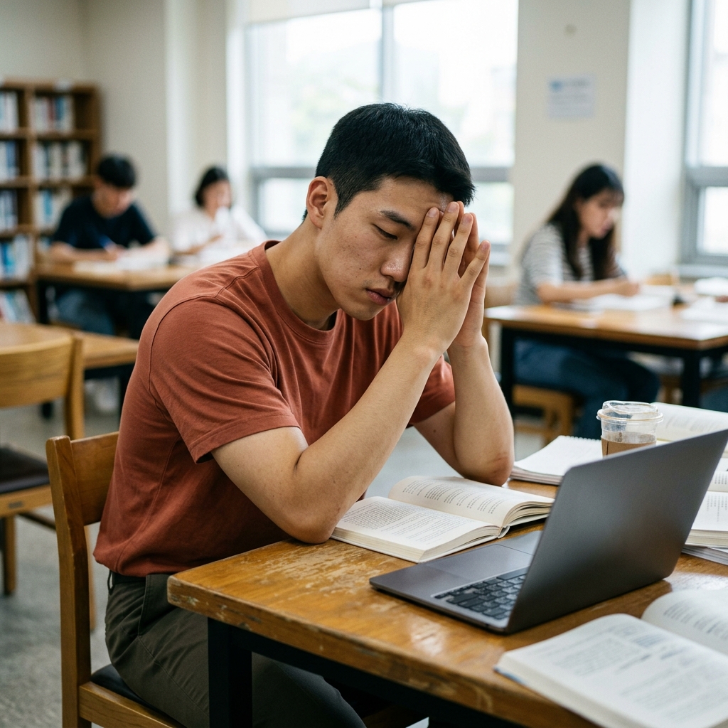 스트레스로 인해 머리를 감싸 쥔 채 피곤해하는 사람의 모습