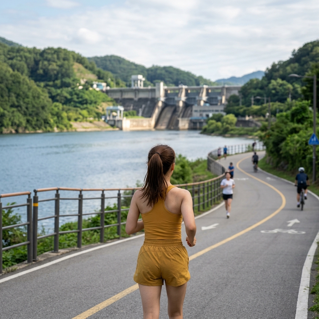 팔당댐 옆 강변 자전거길을 따라 달리는 한국인 러너의 뒷모습