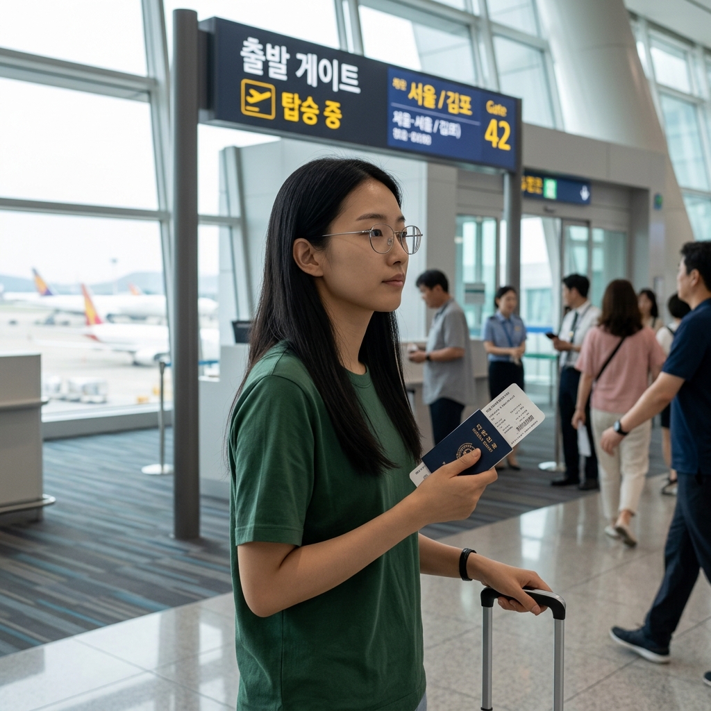 공항 출발 게이트 앞에서 여권과 탑승권을 들고 있는 여행객의 모습