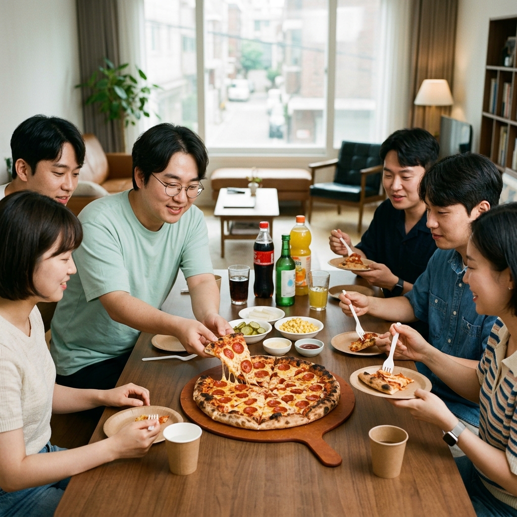 8조각으로 균등하게 잘린 피자를 여러 사람이 나눠 먹는 장면