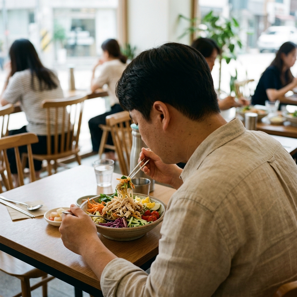 이미지: 신선한 채소와 닭가슴살을 곁들여 포만감을 극대화한 곤약면 샐러드 볼