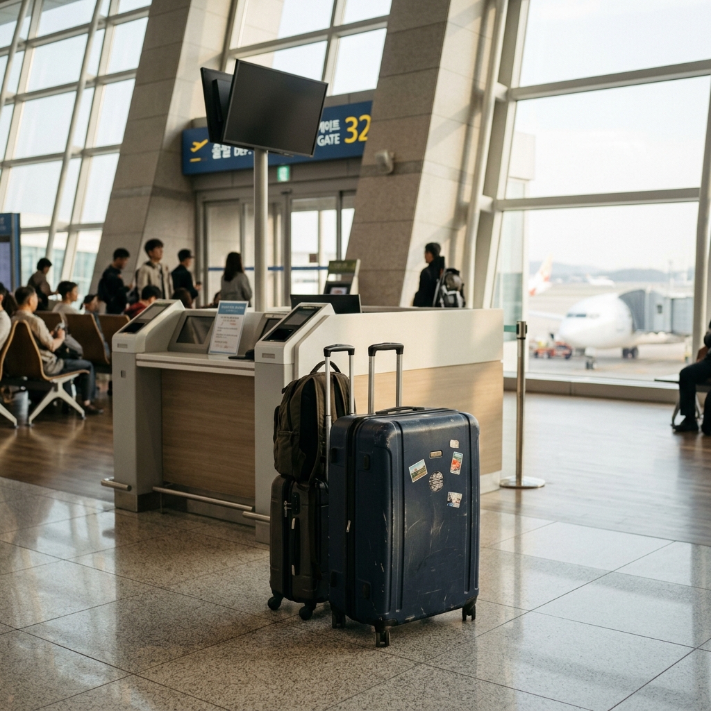 공항 출발 게이트 앞 여행 가방