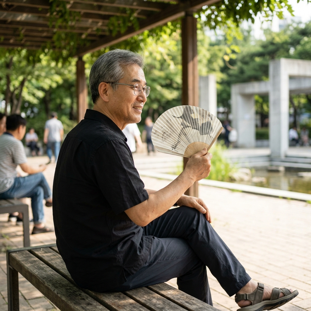 햇빛 아래서 검은색 셔츠를 입고 부채질하는 70대 한국인 남성