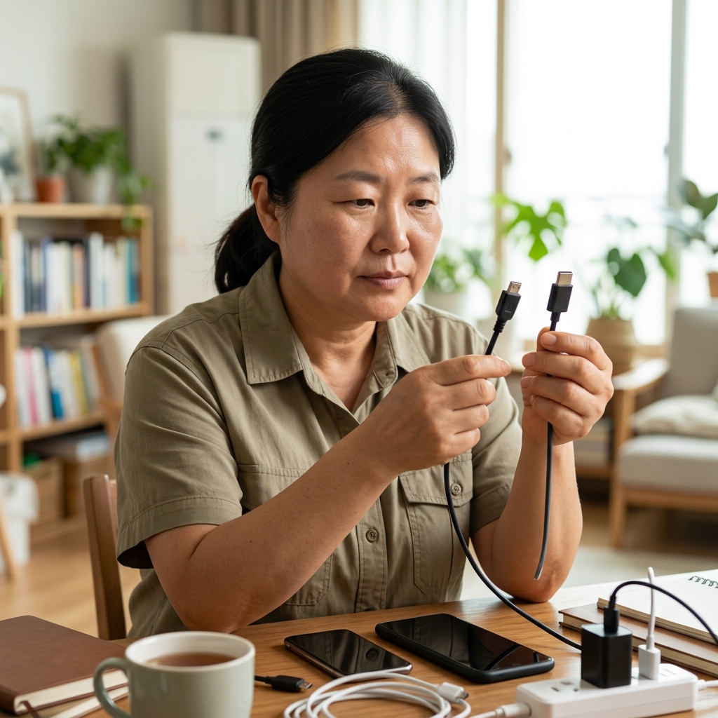 ๊ฑฐ์ค ํ
์ด๋ธ ์์ ๋์ธ ๊ตฌํ 5ํ ์ถฉ์ ๊ธฐ์ ์ต์ USB-C ์ถฉ์ ๊ธฐ๋ฅผ ๋๋ํ ๋น๊ตํ๋ ์ฅ๋ฉด, ํ๊ตญ์ธ ์ค์ฅ๋
์ฌ์ฑ์ด ๋ ์ถฉ์ ๊ธฐ๋ฅผ ์์ ๋ค๊ณ ์ดํด๋ณด๋ ๋ชจ์ต
