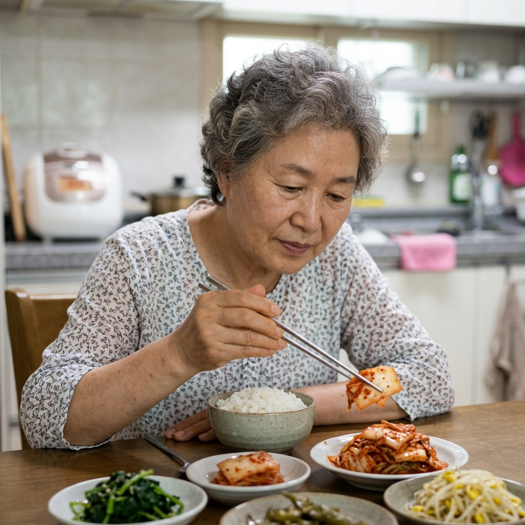 식탁에 놓인 공기밥과 김치 반찬, 한국인 시니어 여성이 김치를 젓가락으로 집고 있는 장면