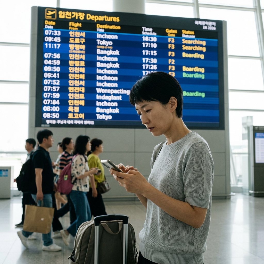공항 출발 게시판 앞에서 스마트폰으로 항공권을 검색하는 여행자의 모습, 자연광 아래 차분한 분위기