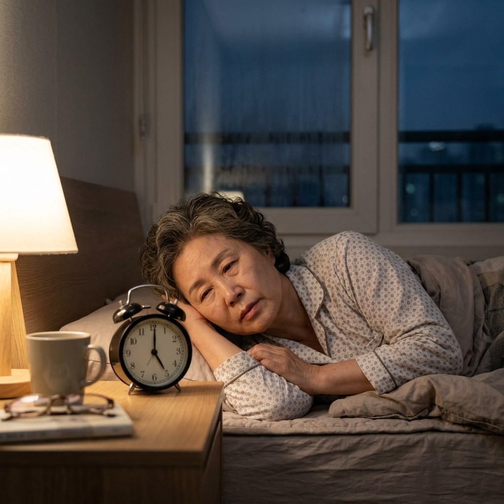 65세 여성이 침대 옆 탁자 위의 시계를 보며 새벽 5시에 잠에서 깬 모습, 창밖은 아직 어둡고 표정에는 피로감이 역력한 장면