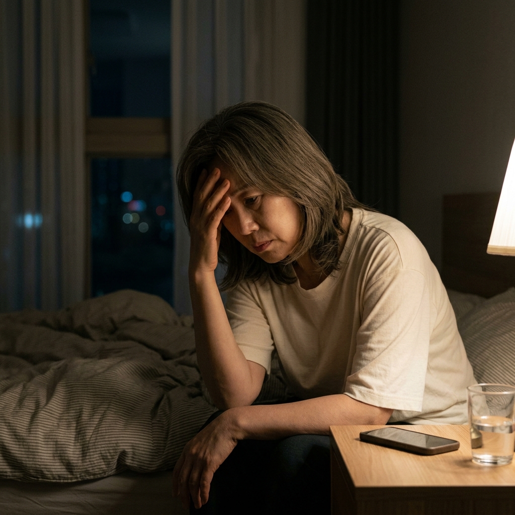 40대 한국인 여성이 침대에 앉아 이마를 짚고 있는 모습, 수면 장애를 암시하는 실내 야간 장면, 차분한 조명
