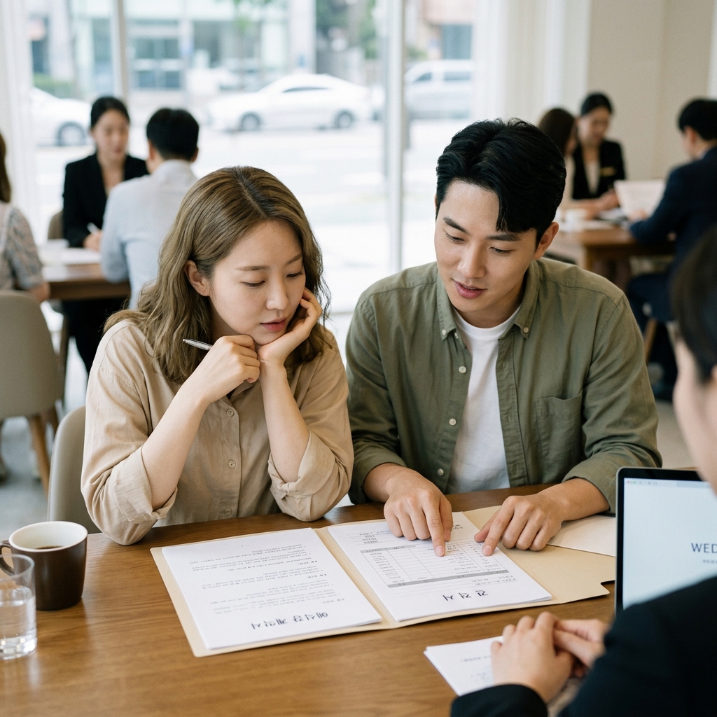 예식장 계약서와 견적서를 검토하는 예비부부의 모습