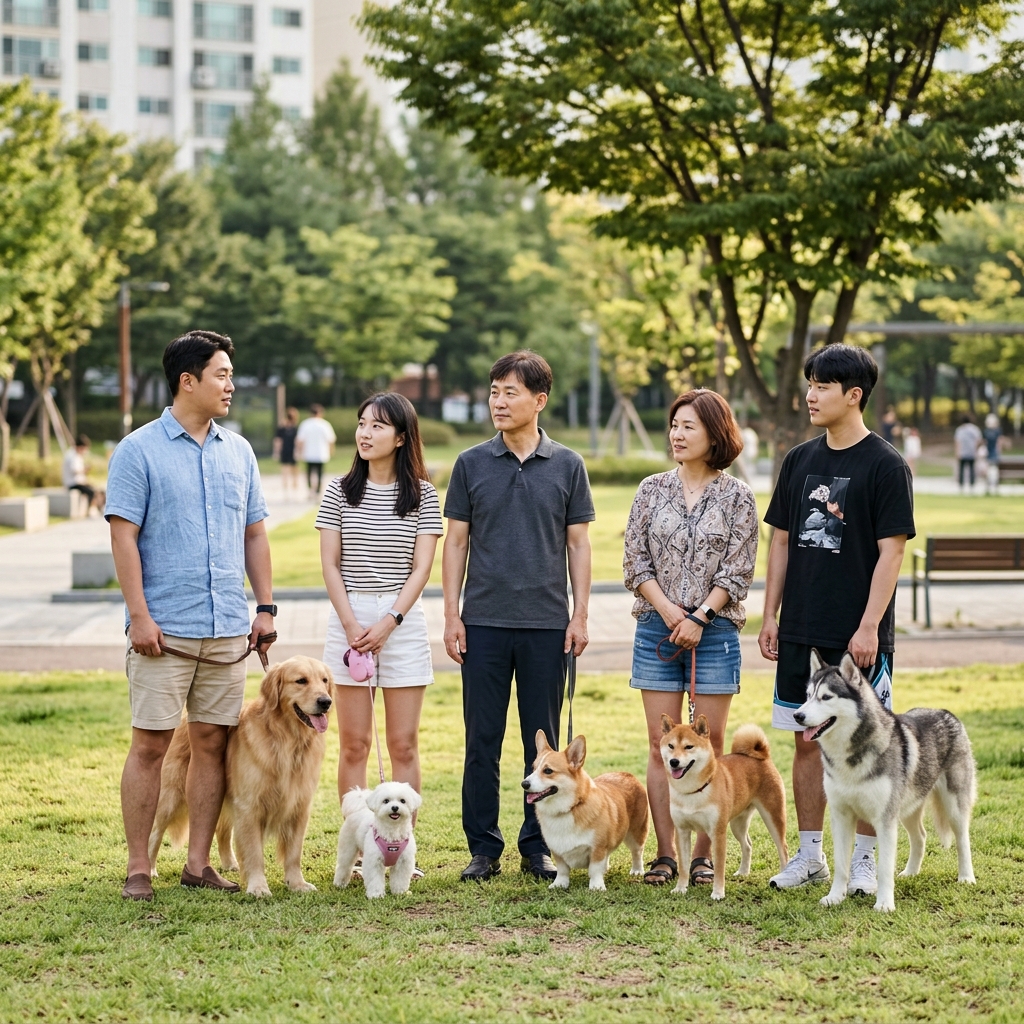다양한 견종과 주인이 나란히 서 있는 비교 장면