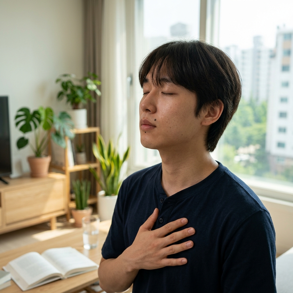 가슴에 손을 얹고 깊게 호흡하는 모습