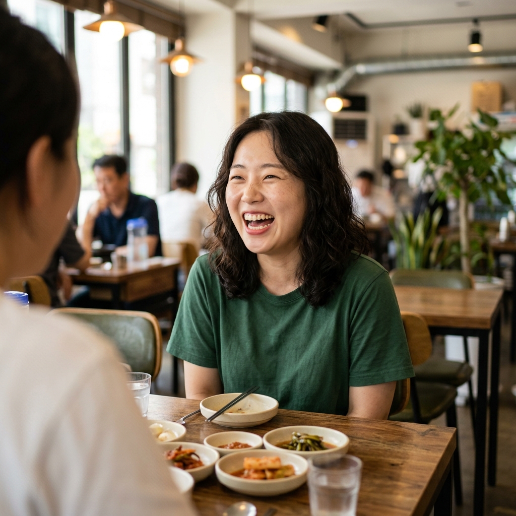 과장된 표정으로 웃고 있는 한국인의 모습