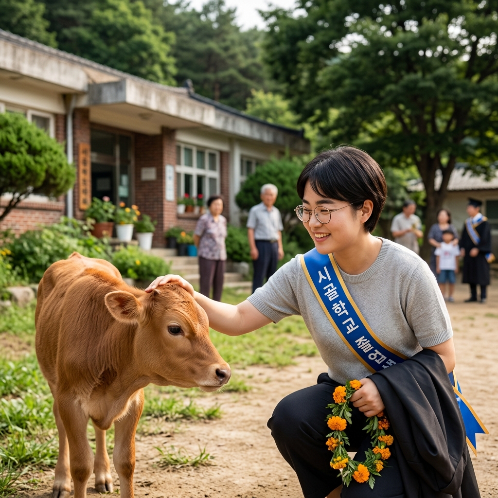 송아지와 함께 있는 시골 학교 졸업생의 따뜻한 장면