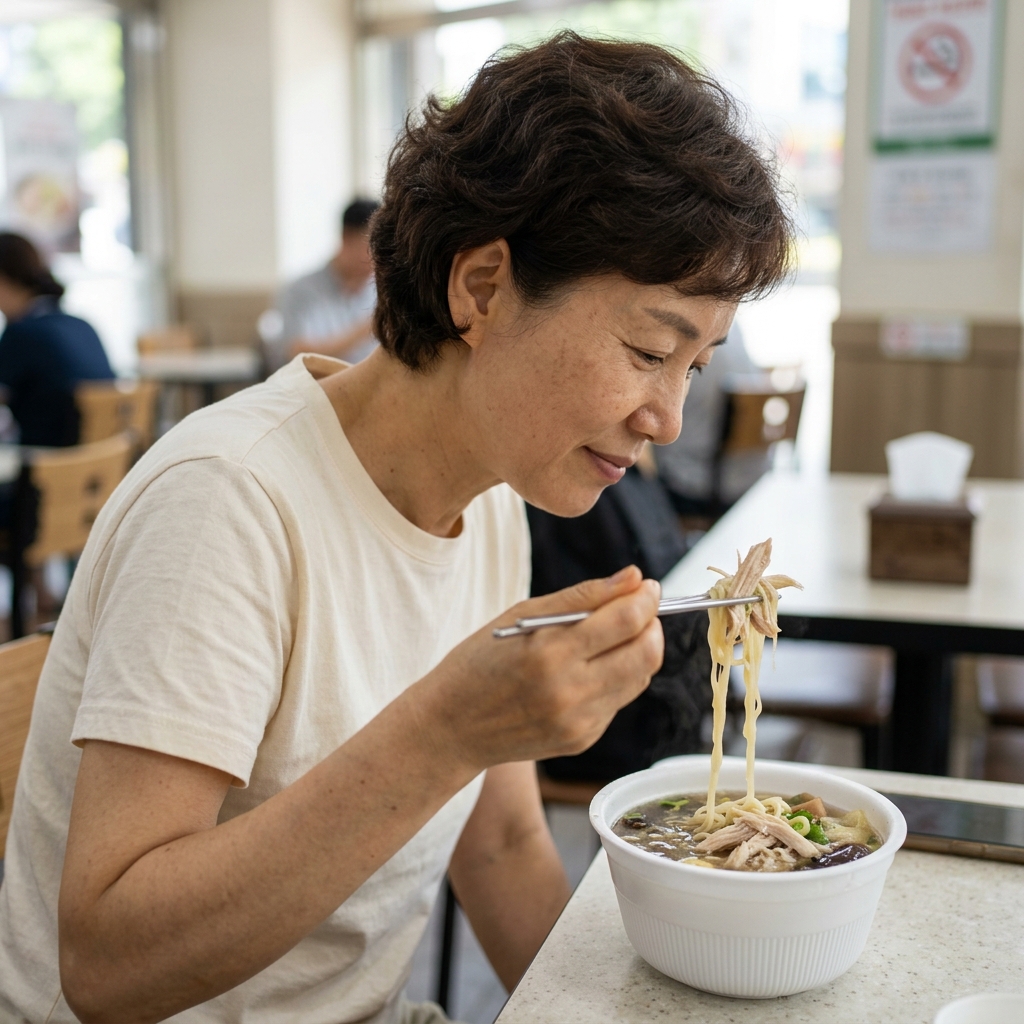 삼계탕 사발면 국물을 젓가락으로 들어 올리는 모습