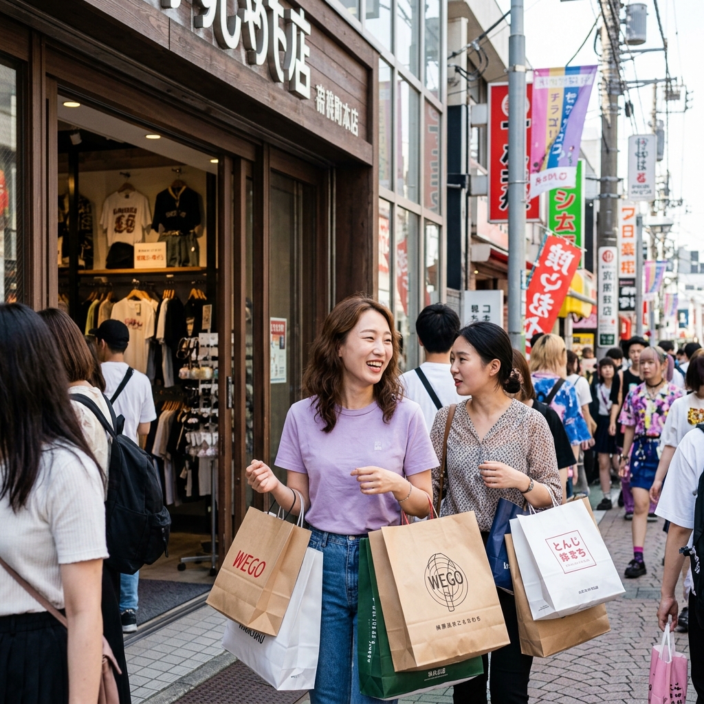 일본 도쿄 하라주쿠 거리의 패션 매장 외관과 쇼핑백을 든 여행객들의 모습