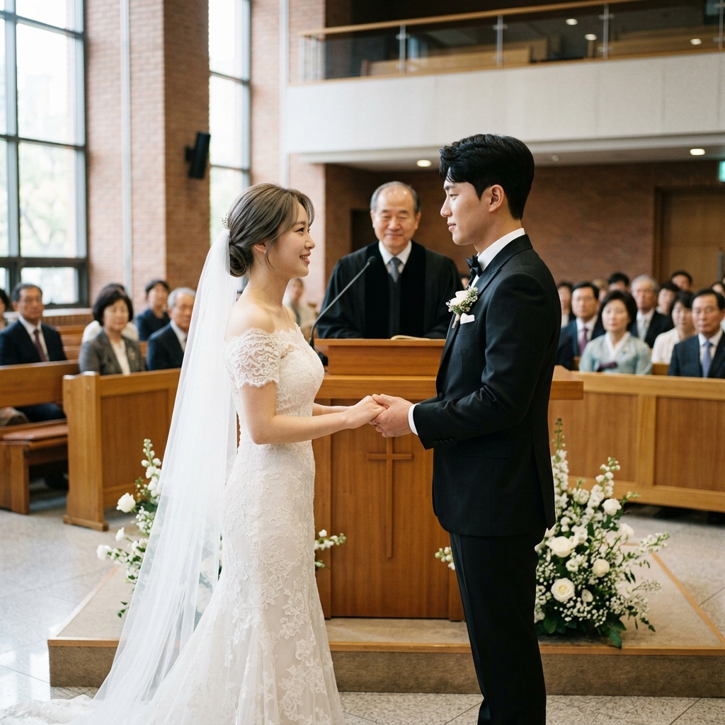 교회 안에서 웨딩드레스를 입은 신부와 턱시도를 입은 신랑이 서약을 나누는 모습