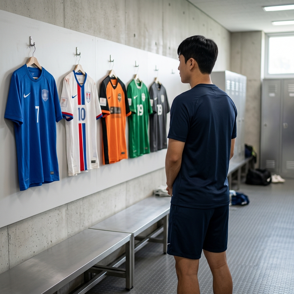 라커룸 벽에 걸린 여러 축구 유니폼들을 바라보는 한국인 선수의 뒷모습