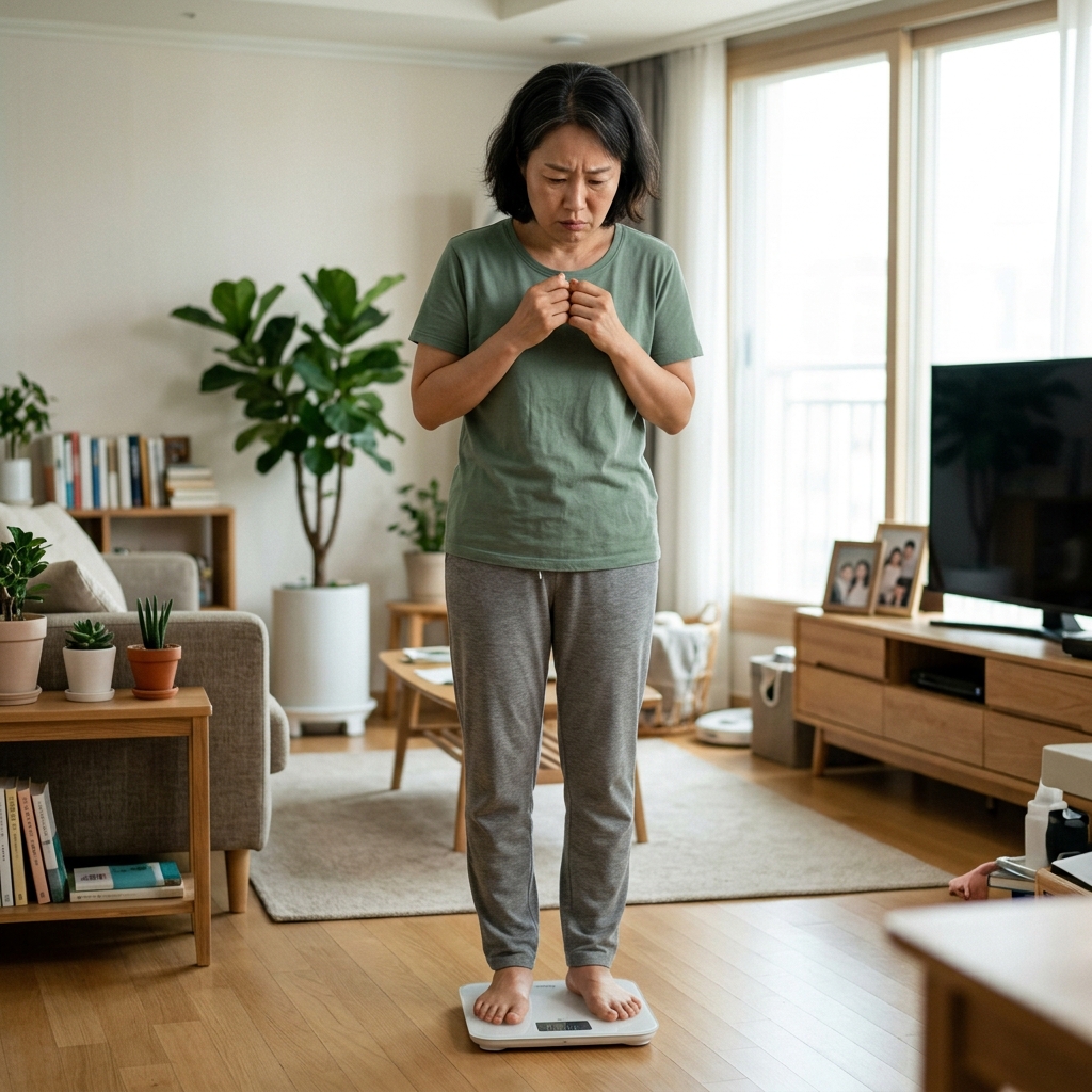 40대 중반 여성이 거실에서 체중계 위에 올라서서 숫자를 확인하며 걱정스러운 표정을 짓고 있는 장면, 자연광, 편안한 실내복 착용