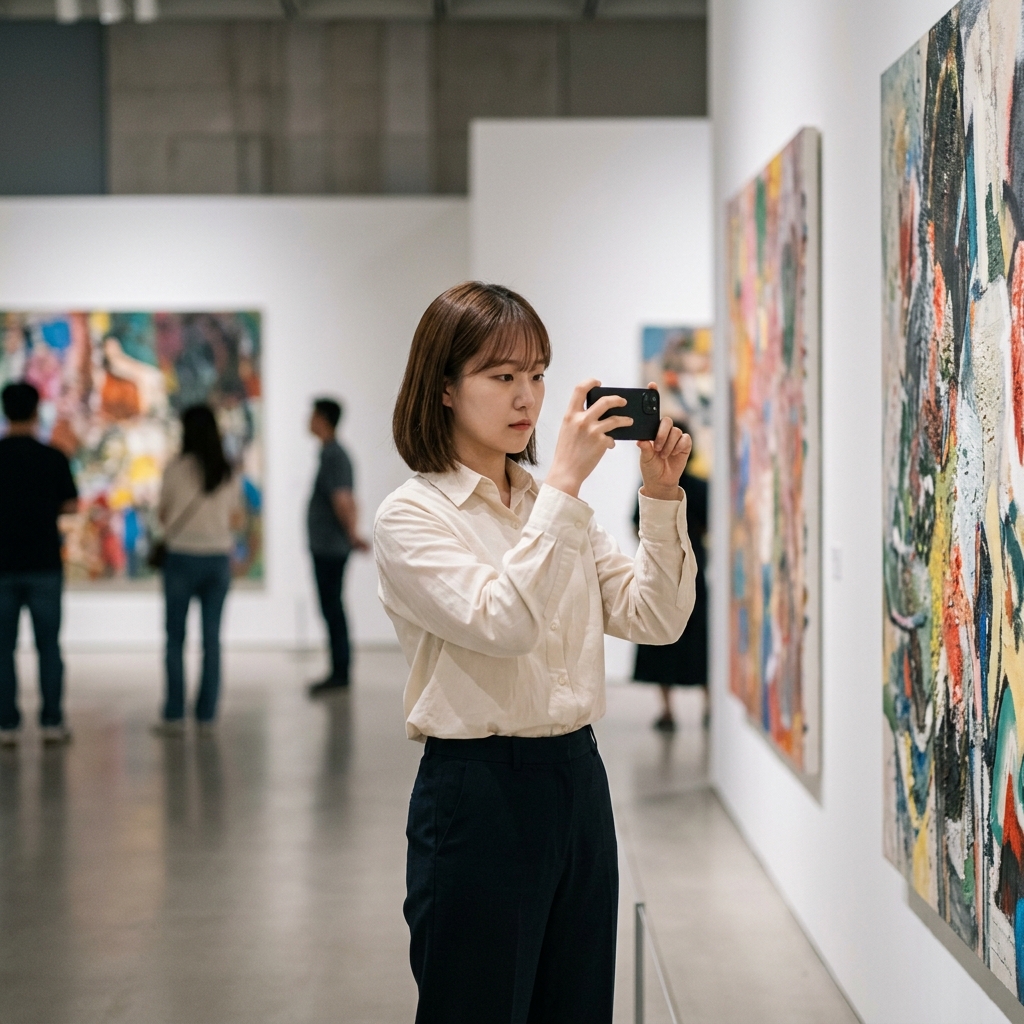 전시장에서 스마트폰으로 작품 사진을 찍는 관람객의 모습