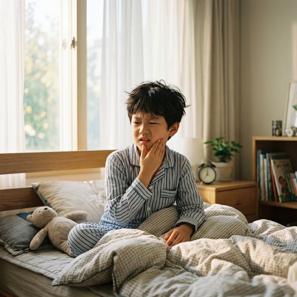 아침에 일어난 초등학생 아이가 손으로 턱을 만지며 불편한 표정을 짓고 있는 모습, 침실 창문으로 부드러운 아침 햇살이 들어오는 장면