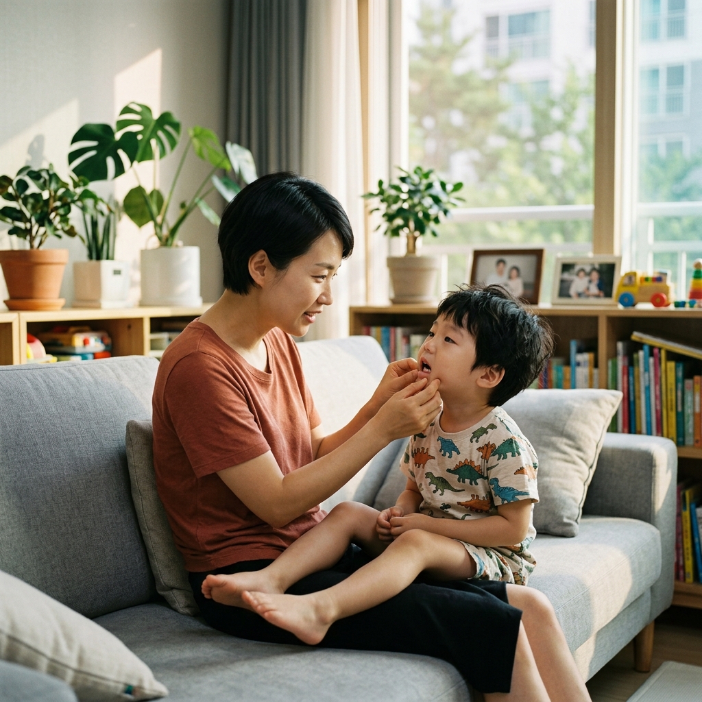 엄마가 어린 아이의 입을 부드럽게 벌려 치아를 살펴보는 모습, 거실 소파에 앉아 자연광 아래에서 관찰하는 장면