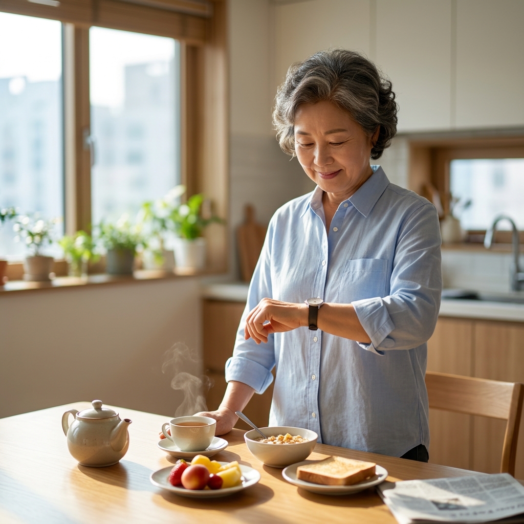 밝은 아침 햇살이 들어오는 식탁에서 가벼운 셔츠를 입은 70대 여성이 시계를 확인하며 따뜻한 차와 함께 아침 식사를 준비하는 모습
